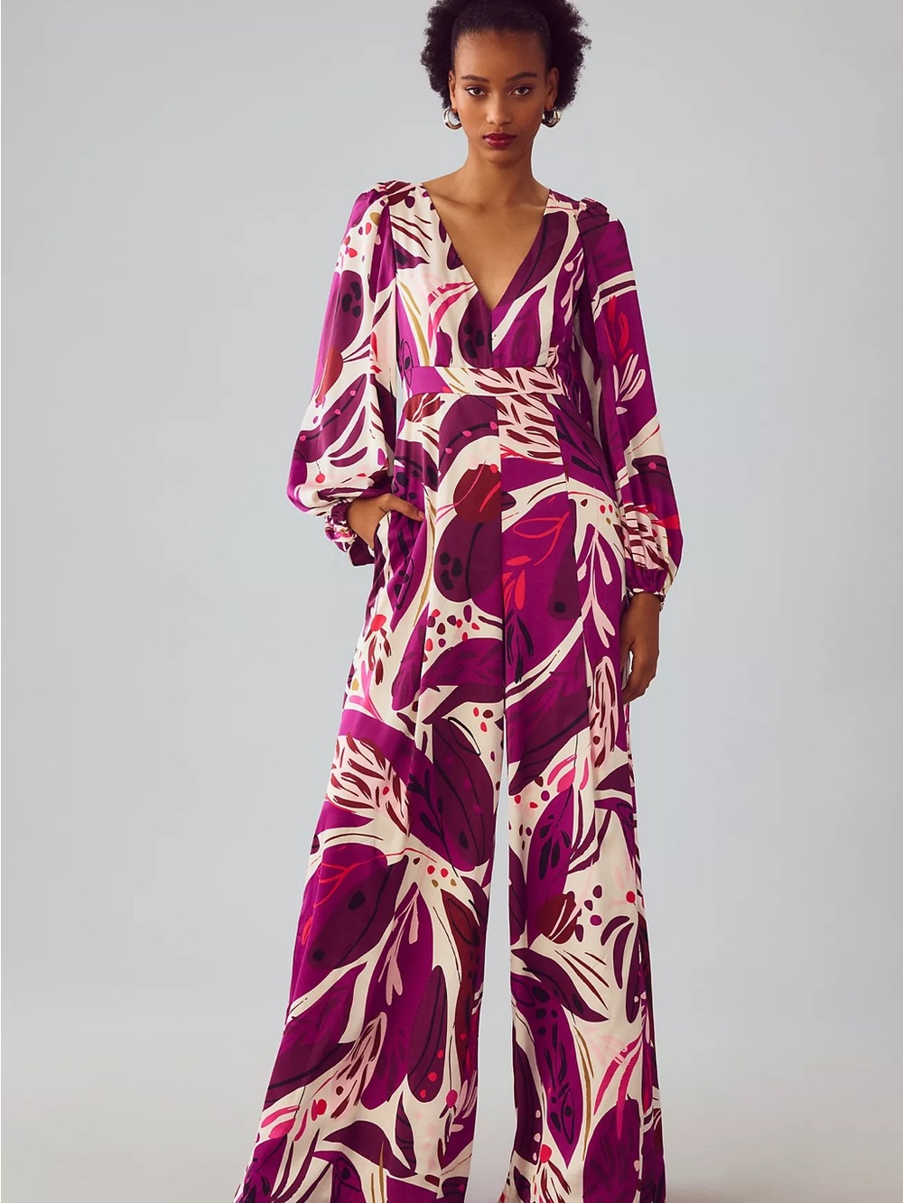 Hutch deep-V wide-leg jumpsuit in abstract floral